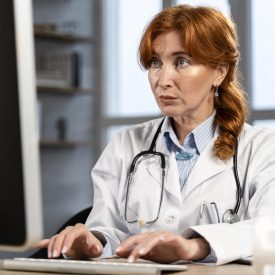 front-view-of-female-physician-looking-up-stuff-on-computer-at-desk
